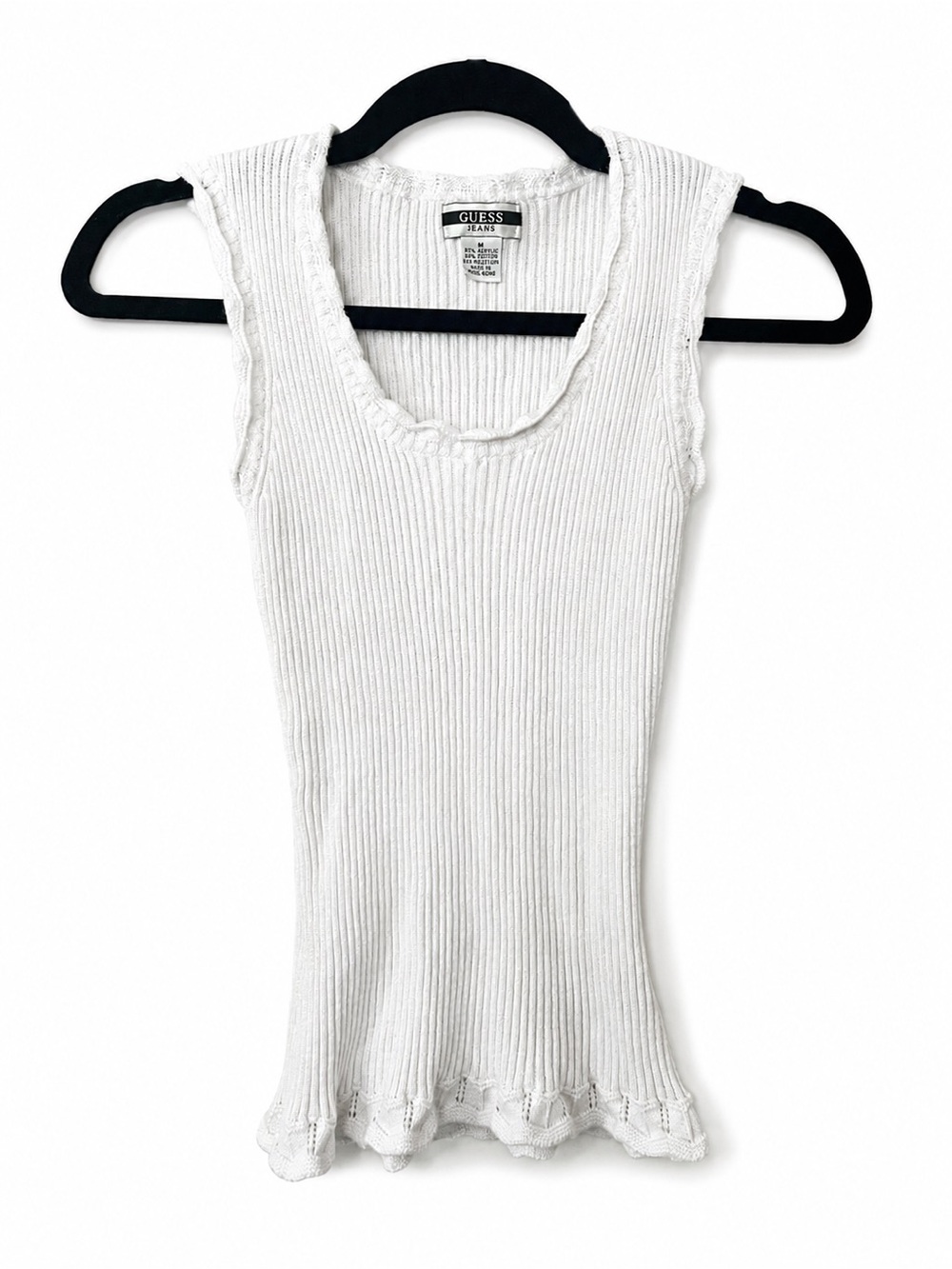 Vintage 90s GUESS Jeans Glittery White Ribbed Knit Tank Top | Medium